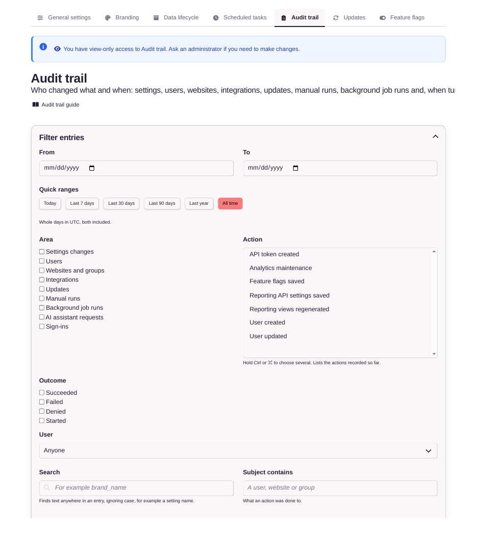 AGGREGATE audit trail page with filters for area, action, outcome, and user