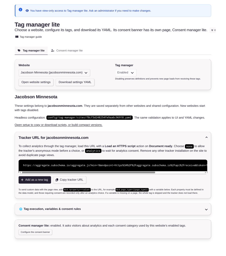 AGGREGATE Tag Manager Lite settings for a website, with Consent Manager Lite enabled